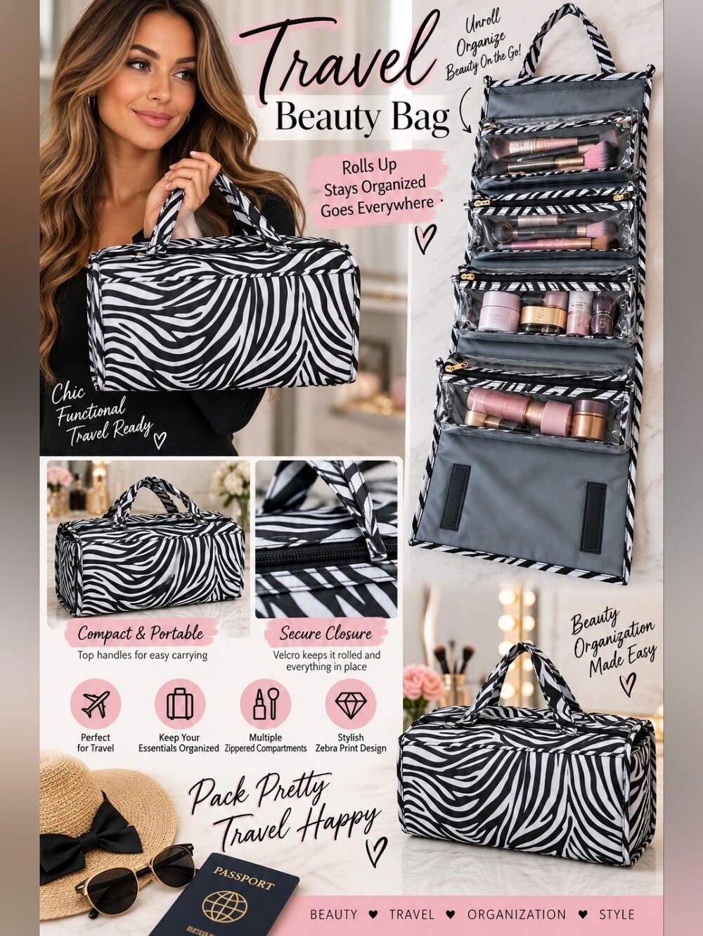Zebra Print Travel Makeup Organizer Bag - Black & White
